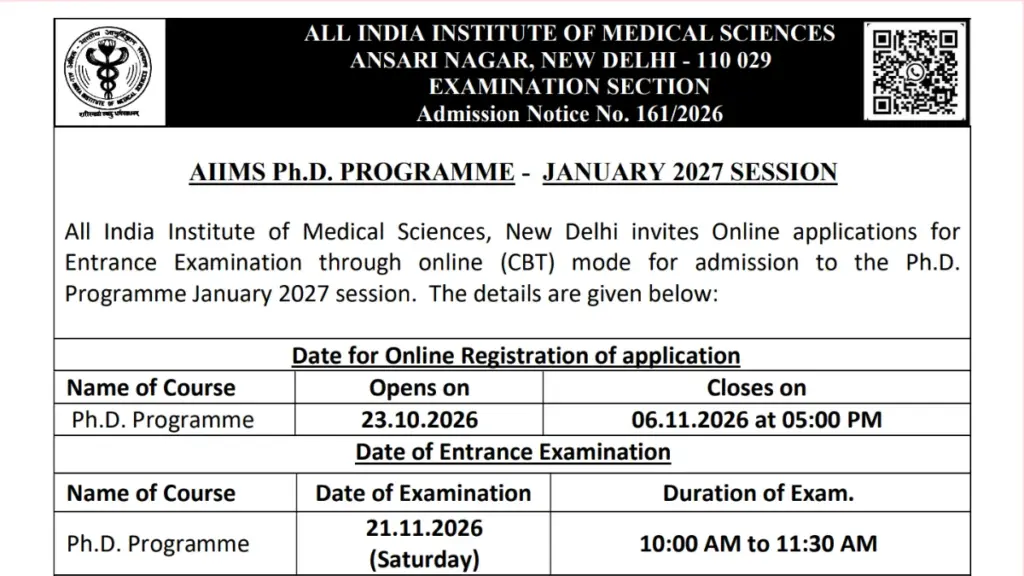 AIIMS PhD January 2027 Session Notification Out @aiimsexams.ac.in, Apply Online for 77 Seats 1 AIIMS PhD January 2027 Session Notification Out @aiimsexams.ac.in, Apply Online for 77 Seats