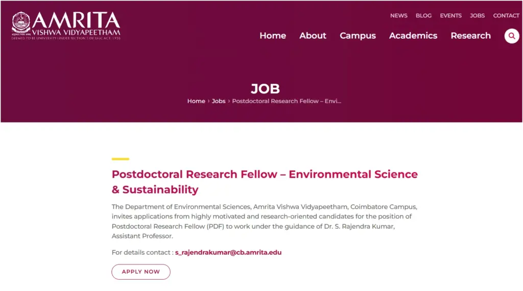 Amrita Postdoctoral Research Fellow Recruitment 2026: Apply Online for Environmental Science & Sustainability Post at Coimbatore Campus 1 Amrita Postdoctoral Research Fellow Recruitment 2026 Apply Online for Environmental Science & Sustainability Post at Coimbatore Campus