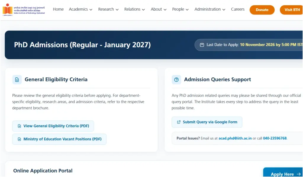 IIT Hyderabad PhD Admission January 2027: Eligibility, Last Date, Departments and How to Apply 1 IIT Hyderabad PhD Admission January 2027 Eligibility, Last Date, Departments and How to Apply