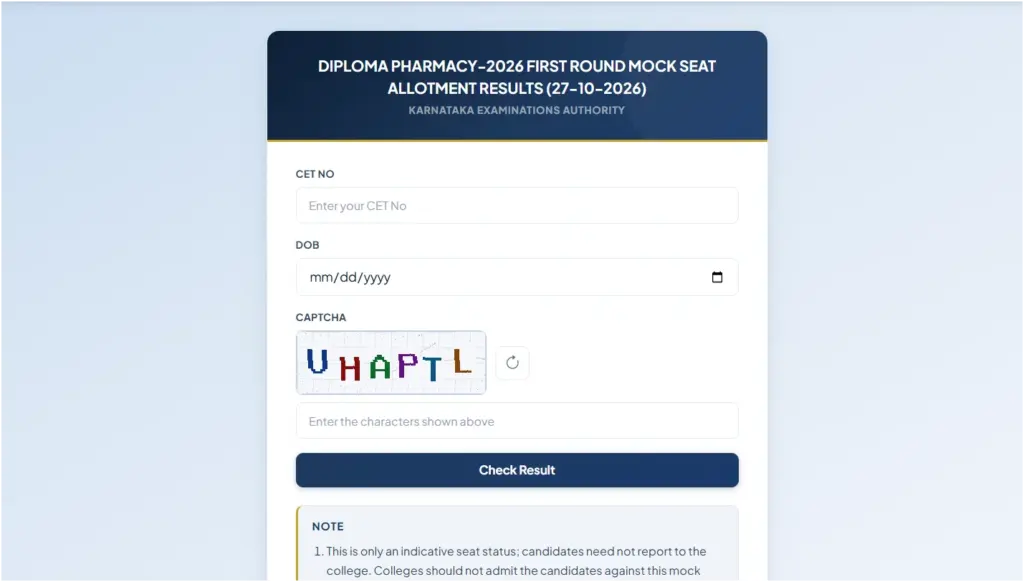 KEA Diploma Pharmacy Round 1 Mock Seat Allotment 2026 Out: Check Result, Edit Options Till 28 October 1 KEA Diploma Pharmacy Round 1 Mock Seat Allotment 2026 Out Check Result, Edit Options Till 28 October