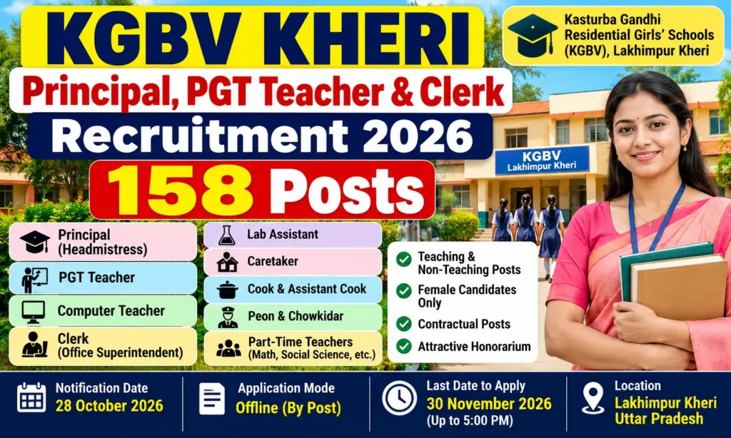 KGBV Teacher & Staff Recruitment 2026: Principal, PGT, Clerk, Lab Assistant and Other Posts 1 KGBV Teacher & Staff Recruitment 2026: Principal, PGT, Clerk, Lab Assistant and Other Posts