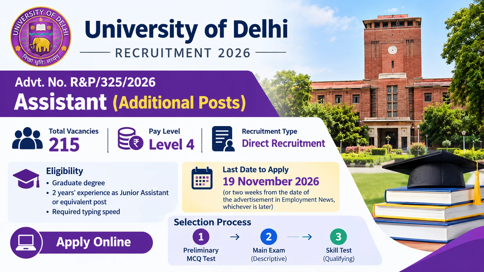 Delhi University DU Assistant Recruitment 2026 Notification Out For 215 ...