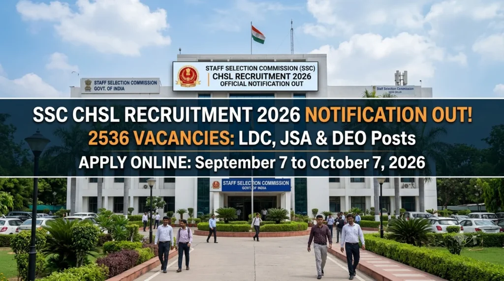 SSC CHSL Recruitment 2026 Notification Out for 2536 LDC, JSA & DEO Vacancies, Apply Online from September 7 to October 7 1 SSC CHSL Recruitment 2026 Notification Out for 2536 LDC, JSA & DEO Vacancies, Apply Online from September 7 to October 7