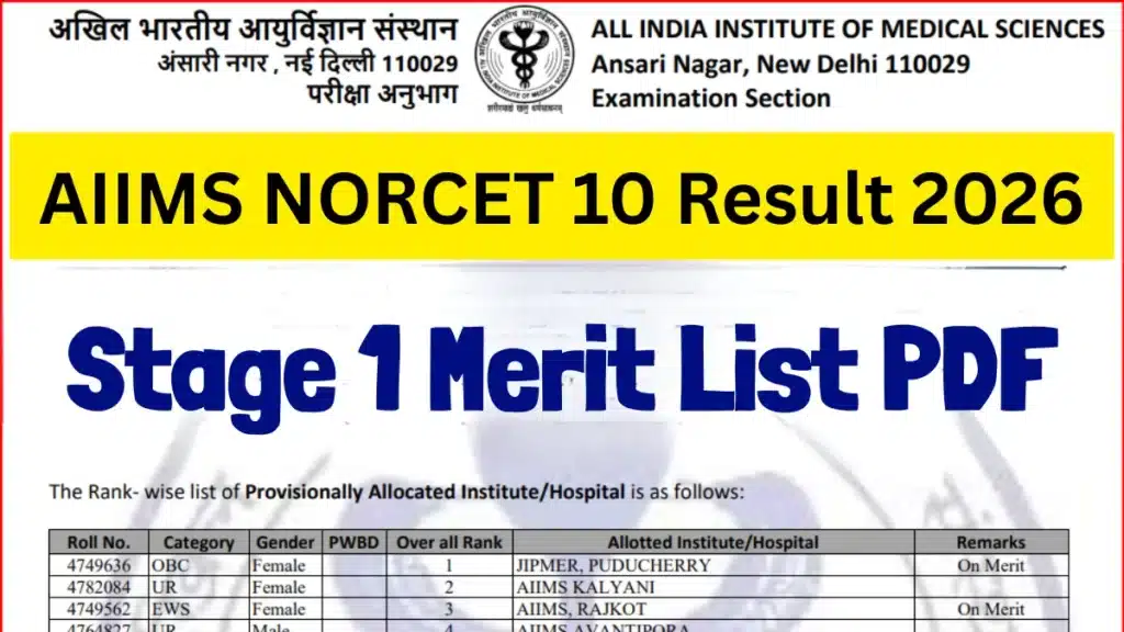 AIIMS NORCET 10 Result 2026 Out, Download Stage 1 Merit List PDF, Check Cut Off Marks 1 AIIMS NORCET 10 Result 2026 Out, Download Stage 1 Merit List PDF Link Active