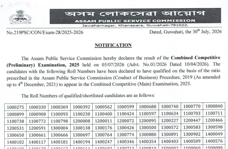 APSC CCE Prelims Result 2026 OUT, Download Combined Competitive Exam Merit List PDF 11 APSC CCE Prelims Result 2026 OUT, Download Combined Competitive Exam Merit List PDF