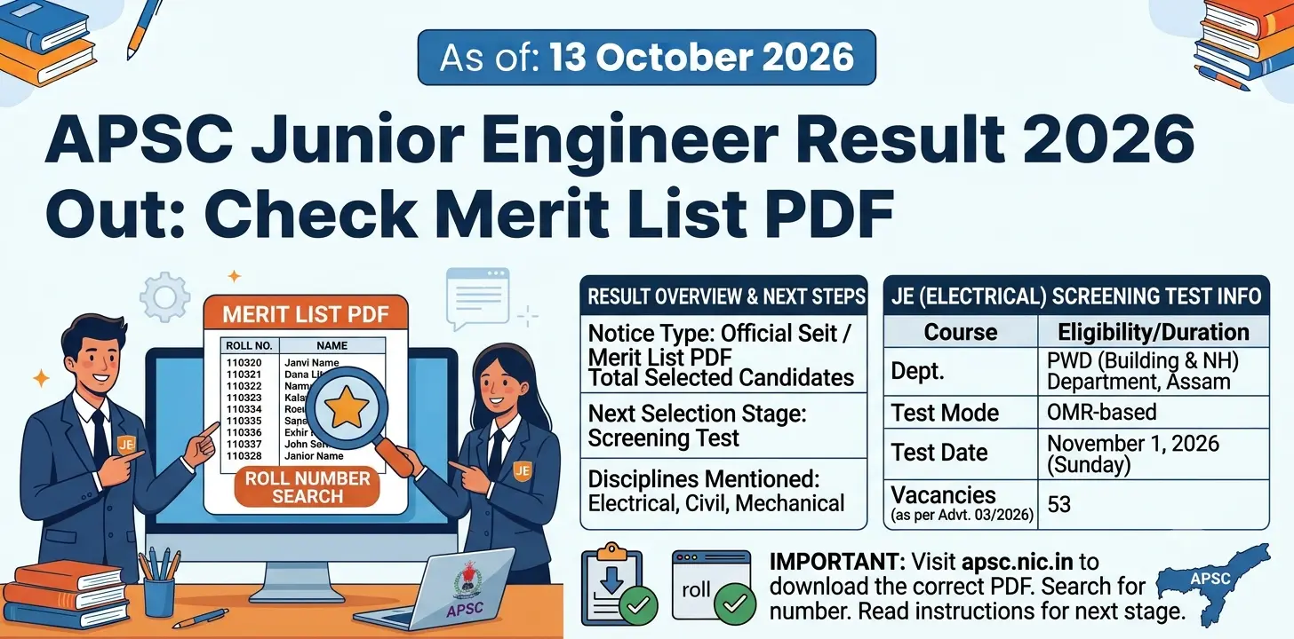 APSC Junior Engineer Result 2026 Out: Check Merit List 1 APSC Junior Engineer Result 2026 Out Check Merit List