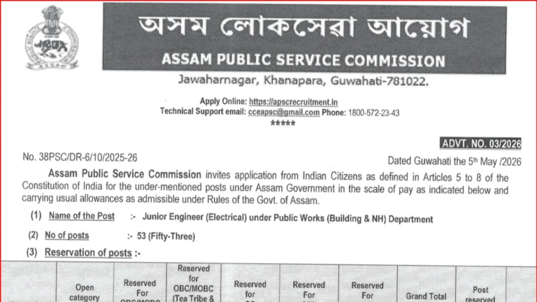 Assam PSC JE Electrical Recruitment 2026 Notification Out for 53 Posts, Apply from 11 May 12 Assam PSC JE Electrical Recruitment 2026 Notification Out for 53 Posts, Apply from 11 May