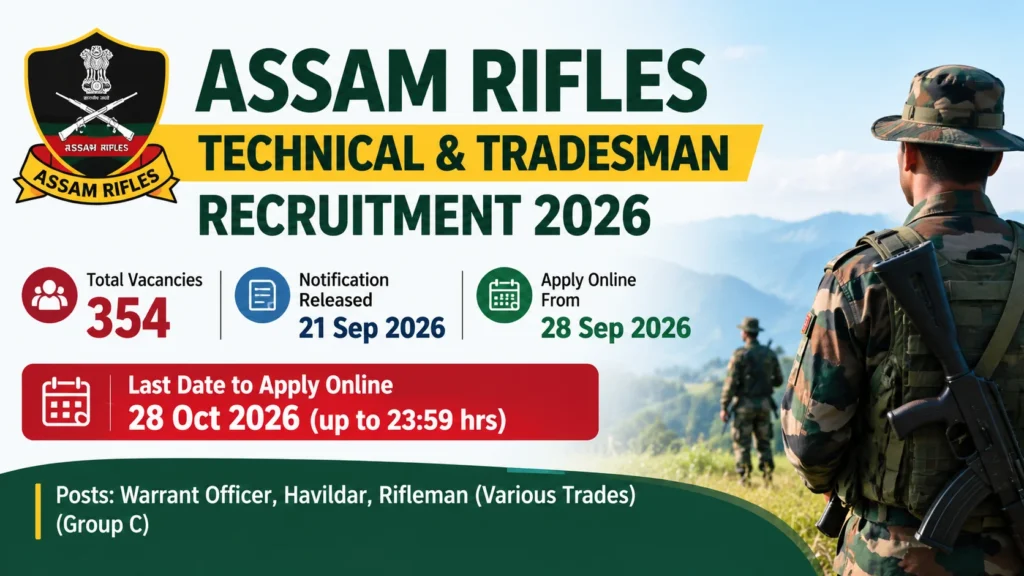 Assam Rifles Recruitment 2026 (354 Posts): Rifleman, Warrant Officer, Havildar Notification PDF & Apply Online Link 1 Assam Rifles Recruitment 2026 (354 Posts) Rifleman, Warrant Officer, Havildar Notification PDF & Apply Online Link