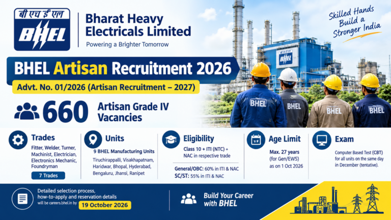 BHEL Artisan Recruitment 2026 Notification & Online Form for 660 Posts 36 BHEL Artisan Recruitment 2026 Notification OUT: Apply Online Starts, Eligibility & Official PDF