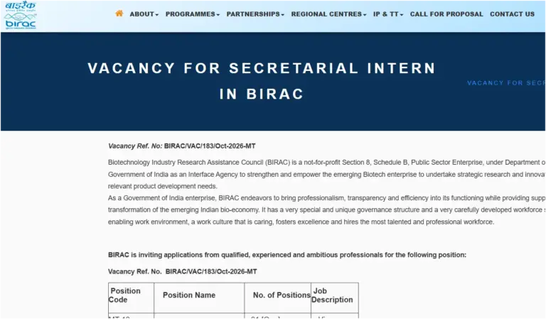 BIRAC Secretarial Intern Recruitment 2026 Notification Out, Apply Online 8 BIRAC Secretarial Intern Recruitment 2026