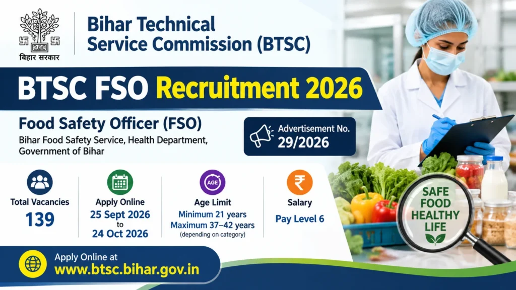 BTSC FSO Recruitment 2026 Notification Out, Apply Online For 139 Food Safety Officer Vacancies 1 BTSC FSO Recruitment 2026 Notification Out, Apply Online For 139 Food Safety Officer Vacancies