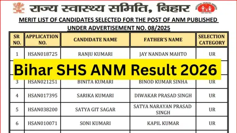 Bihar SHS ANM Result 2026 Out @shs.bihar.gov.in, Merit List PDF Download Link 15 Bihar SHS ANM Result 2026 Out shsbihargovin Merit List PDF Download Link