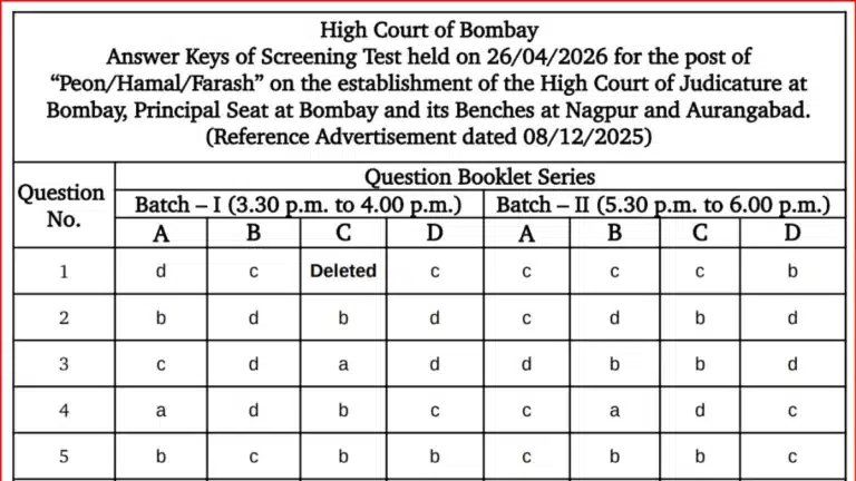 Bombay High Court Peon Answer Key 2026 Out, Download Peon/Hamal/Farash Official Answer Key PDF 17 Bombay High Court Peon Answer Key 2026