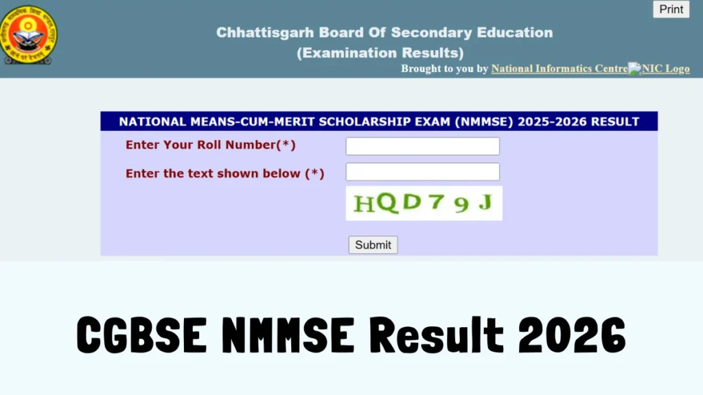 CGBSE NMMSE Result 2026 Out at vidia.cgbse.nic.in, Chhattisgarh NMMSE Scorecard Link Active 1 CGBSE NMMSE Result 2026