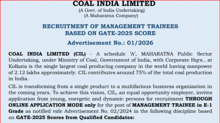 CIL Management Trainee through GATE-2025 Registration Begins for 276 Mining Vacancies 22 CIL Management Trainee through GATE-2025 Notification Out for 276 Vacancies