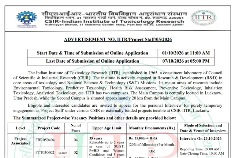CSIR-IITR Project Staff Recruitment 2026 Notification Out for 30 Vacancies – Apply Online 31 CSIR-IITR Project Staff Recruitment 2026 Notification Out for 30 Vacancies – Apply Online