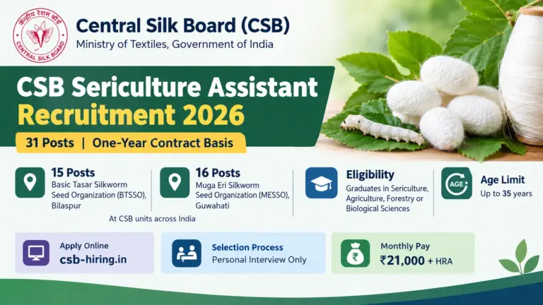 Central Silk Board CSB Sericulture Assistant Recruitment 2026 Notification Out, Salary Rs 21,000 + HRA, Apply Online 36 Central Silk Board CSB Sericulture Assistant Recruitment 2026 Notification Out, Salary Rs 21,000 + HRA, Apply Online