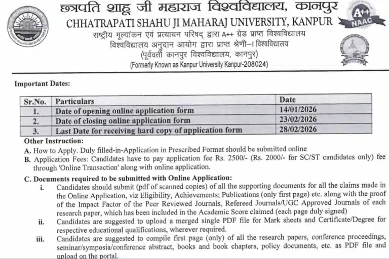 Chhatrapati Shahu Ji Maharaj University CSJMU Faculty Recruitment 2026