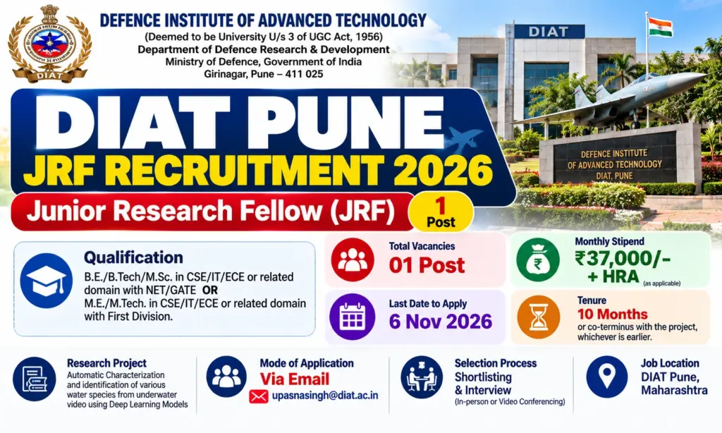 DIAT Pune Recruitment 2026: Apply for Junior Research Fellow Post 1 DIAT Pune Recruitment 2026: Apply for Junior Research Fellow Post