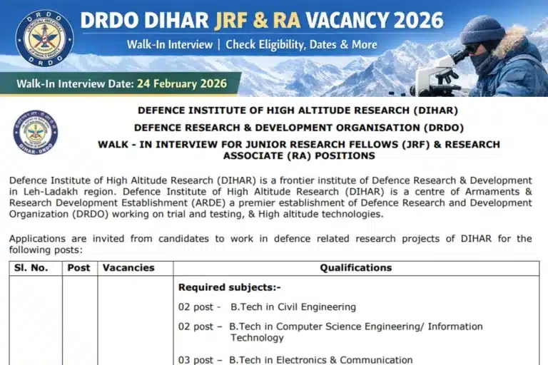 DRDO DIHAR JRF & RA Vacancy 2026