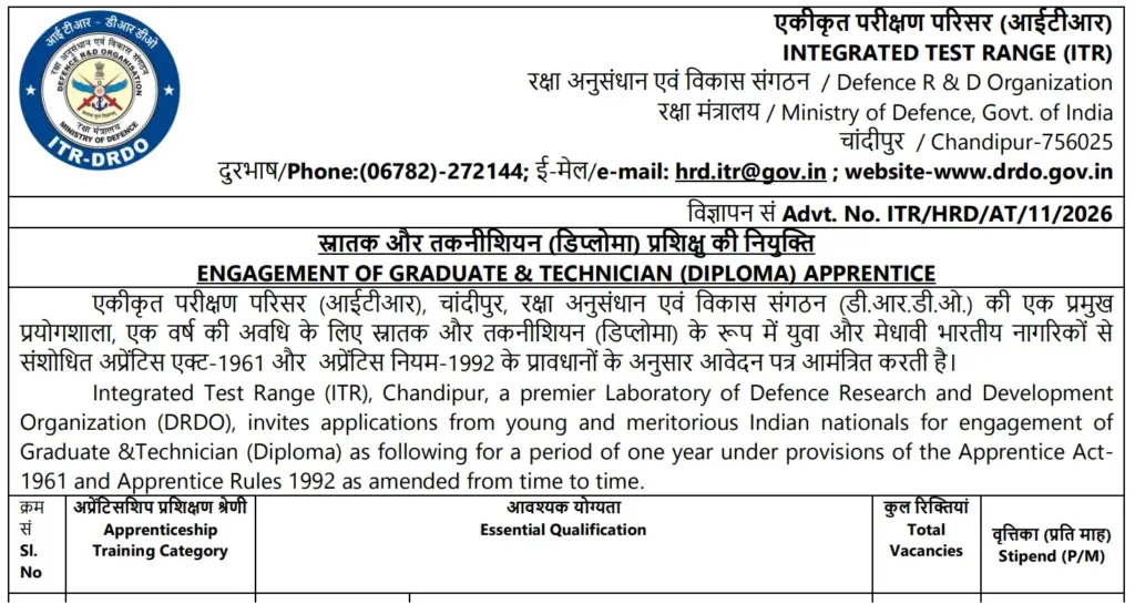 DRDO ITR Apprentice Recruitment 2026 Notification OUT: Apply Offline Starts, Eligibility & Official PDF 1 DRDO ITR Apprentice Recruitment 2026
