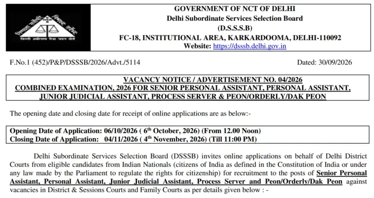 DSSSB Recruitment 04/20266 Online Form Begins for 641 Peon, JJA, Personal Assistant & More Vacancies 2 DSSSB Recruitment 2026 Notification Out (Advt No. 042026) for 641 Delhi District Courts Vacancies