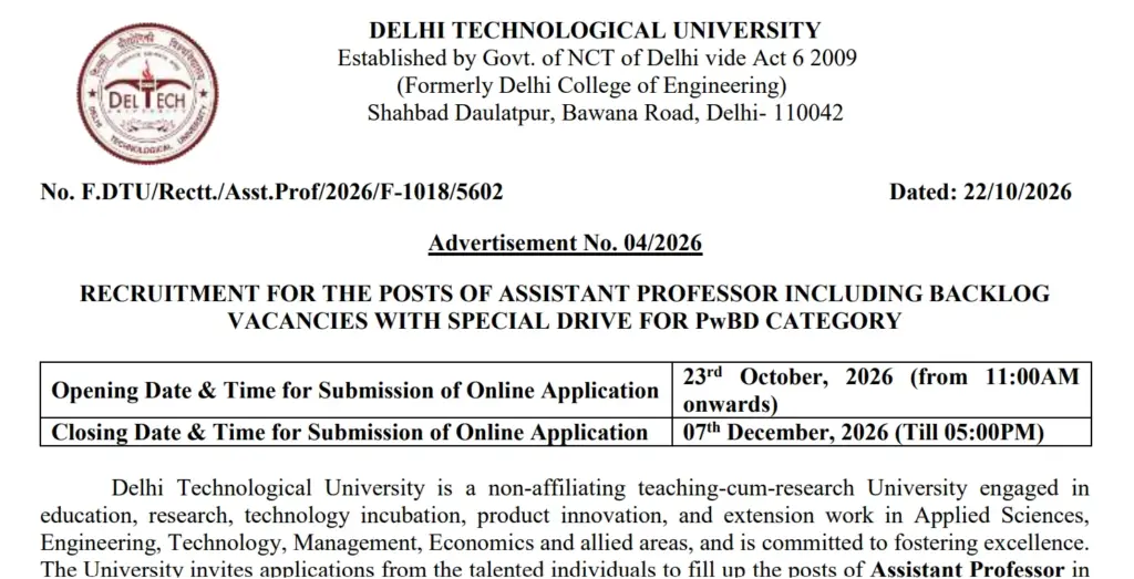 DTU Assistant Professor Recruitment 2026 Notification Out for 219 Posts, Apply Online 1 DTU Assistant Professor Recruitment 2026 Notification Out for 219 Posts, Apply Online