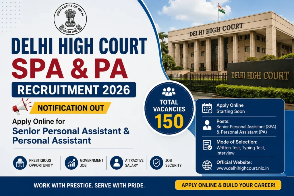 Delhi High Court SPA & PA Recruitment 2026 Notification Out for 150 Senior Personal Assistant & Personal Assistant, Apply Online 1 Delhi High Court SPA & PA Recruitment 2026 Notification Out for 150 Vacancies, Apply Online for Senior Personal Assistant & Personal Assistant