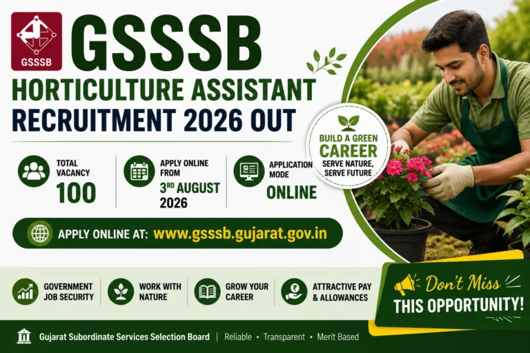 GSSSB Horticulture Assistant Recruitment 2026 Out, 100 Vacancy, Apply Online From 3rd August 3 GSSSB Horticulture Assistant Recruitment 2026 Out, 100 Vacancy, Apply Online From 3rd August