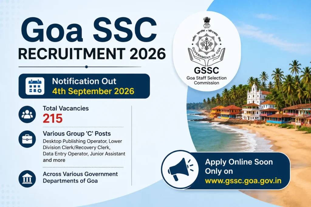 Goa SSC Group C Recruitment 2026 Notification Out (222 LDC, DEO & More Posts), Apply Online Before 2nd October 1 Goa SSC Group C Recruitment 2026; LDC, DEO, Junior Assistant & More Vacancies Online Form