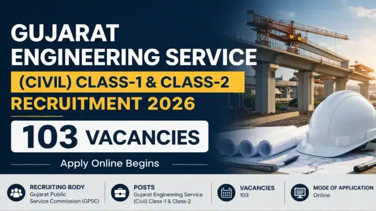 Gujarat Engineering Service (Civil) Class-1 and Class-2 Recruitment 2026 (103 Vacancies), Apply Online Begins 22 Gujarat Engineering Service (Civil) Class-1 and Class-2 Recruitment 2026 (103 Vacancies), Apply Online Begins