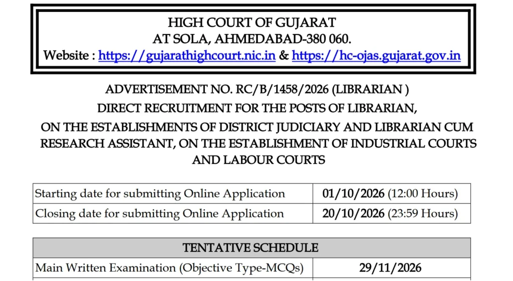 Gujarat High Court Librarian Recruitment 2026 Notification Out for 30 Vacancies, Apply Online 1 Gujarat High Court Librarian Recruitment 2026