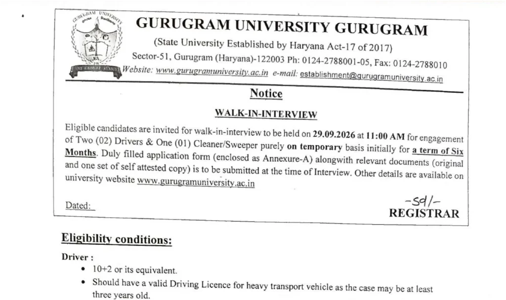 Gurugram University Driver & Cleaner/Sweeper Recruitment 2026 Notification Out, Walk-In Interview 1 Gurugram University Driver & CleanerSweeper Recruitment 2026 Notification Out, Walk-In Interview
