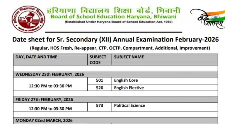 HBSE Date Sheet 2026 Out at bseh.org.in, Download Haryana Board Class 10th, 12th Date Sheet 11 HBSE Date Sheet 2026 Out at bseh.org.in, Download Haryana Board Class 10th, 12th Date Sheet