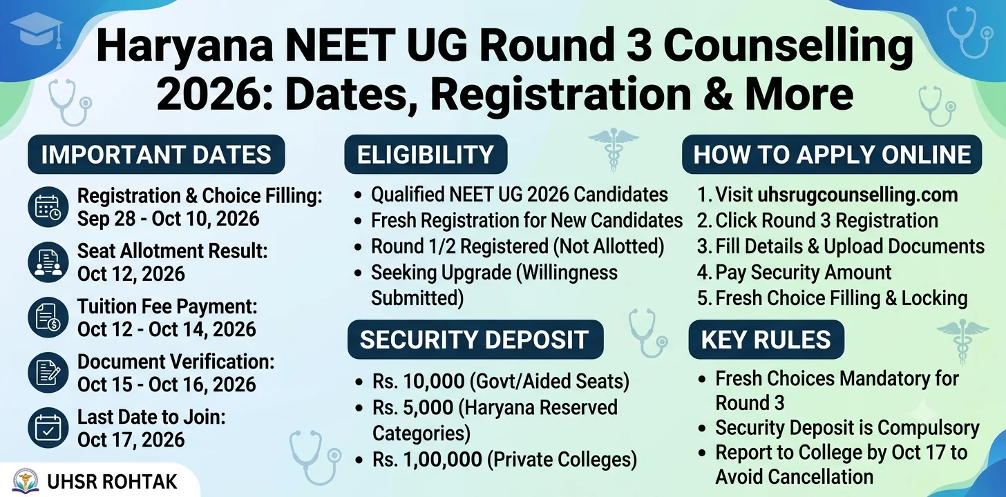 Haryana NEET UG Round 3 Counselling 2026: Dates, Registration, Choice Filling & Seat Allotment Result 1 Haryana NEET UG Round 3 Counselling 2026: Dates, Registration, Choice Filling & Seat Allotment Result