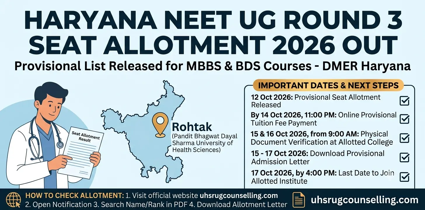 Haryana NEET UG Round 3 Seat Allotment 2026 Out: For MBBS, BDS Courses 1 Haryana NEET UG Round 3 Seat Allotment 2026 Out For MBBS, BDS Courses