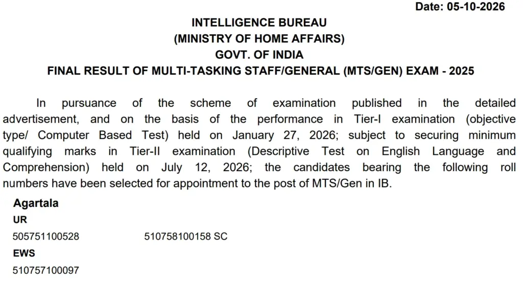 IB MTS Final Result 2026 Out; Download Merit List PDF 1 IB MTS Final Result 2026 Out; Download Merit List PDF