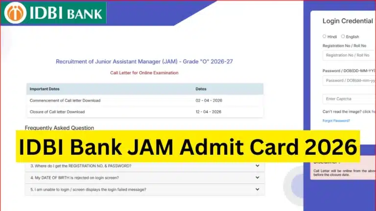 IDBI Bank JAM Admit Card 2026 Out @idbibank.in, HAll Ticket Download Link Active for Jr Assistant Manager Posts 19 The Industrial Development Bank of India (IDBI Bank) has released the IDBI Bank Junior Assistant Manager (JAM) Admit Card 2026 for the Grade ‘O’ online examination. The admit card has been released for the exam scheduled on April 12, 2026, on the official website. Candidates who have successfully applied for the 1100 vacancies can now download their hall ticket using their registration number and password. Entry to the exam hall will not be allowed without the admit card. Read the article ahead to get the direct link to download the IDBI Bank JAM Hall Ticket 2026.