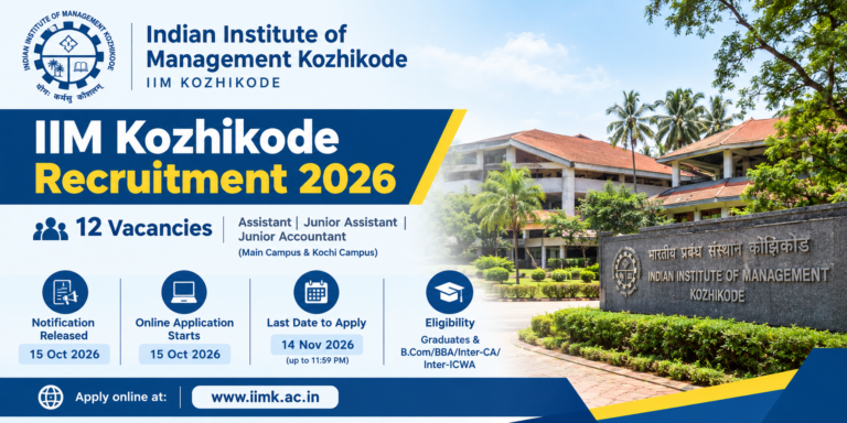 IIM Kozhikode Recruitment 2026 Notification Out for Assistant, Junior Assistant, and Junior Accountant Posts 22 IIM Kozhikode Recruitment 2026 Notification Out for Assistant, Junior Assistant, and Junior Accountant Posts