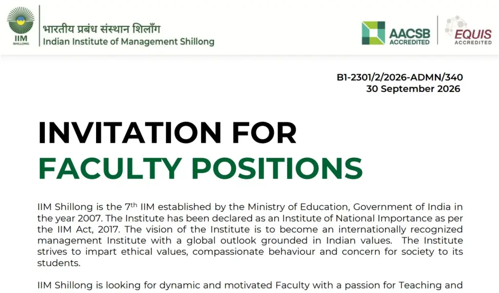 IIM Shillong Faculty Recruitment 2026 Notification Out for Professor, Associate Professor & Assistant Professor Posts 1 IIM Shillong Faculty Recruitment 2026 Notification Out for Professor, Associate Professor & Assistant Professor Posts