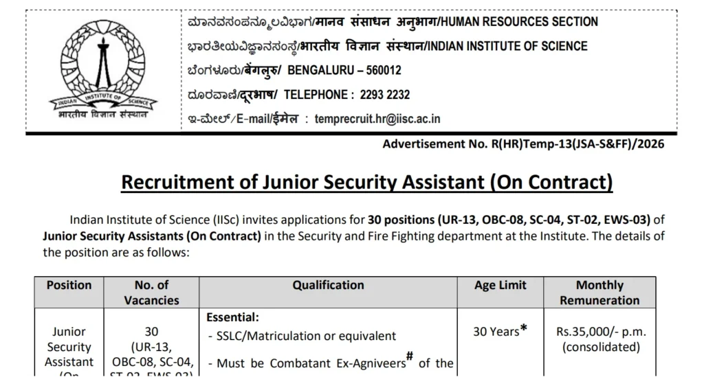 IISc JSA Recruitment 2026 Notification Out, Apply Online For 30 Junior Security Assistant Vacancies 1 IISc JSA Recruitment 2026 Notification Out, Apply Online For 30 Junior Security Assistant Vacancies