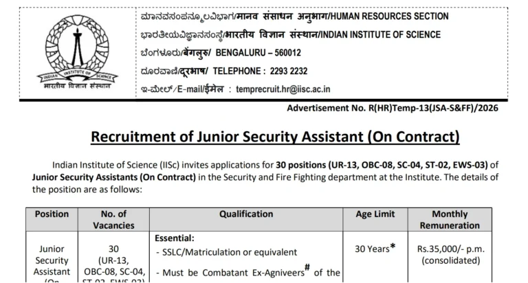IISc JSA Recruitment 2026 Notification Out, Apply Online For 30 Junior Security Assistant Vacancies 20 IISc JSA Recruitment 2026 Notification Out, Apply Online For 30 Junior Security Assistant Vacancies