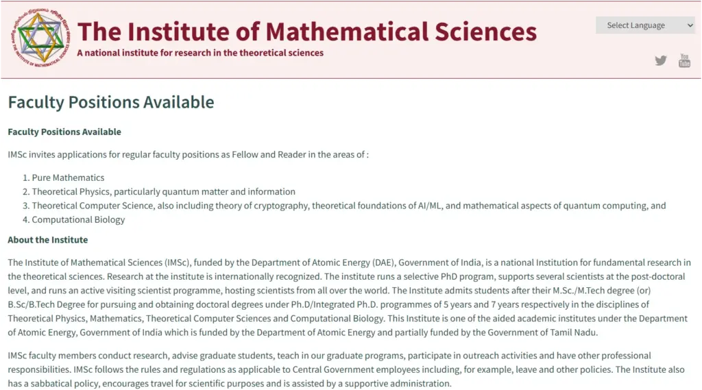 IMSc Faculty Recruitment 2026 Notification Out – Apply Online till 15 November 1 IMSc Faculty Recruitment 2026 Notification Out – Apply Online till 15 November