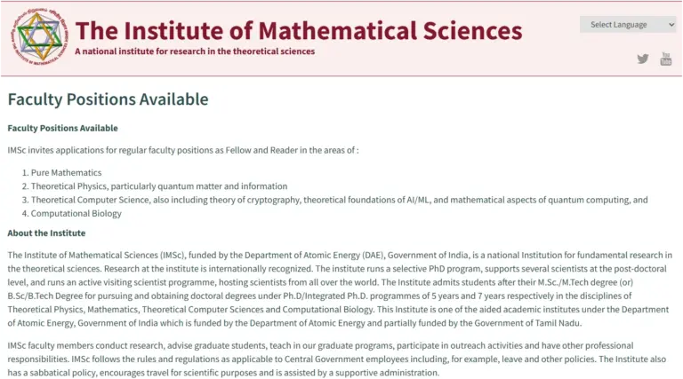 IMSc Faculty Recruitment 2026 Notification Out – Apply Online till 15 November 30 IMSc Faculty Recruitment 2026 Notification Out – Apply Online till 15 November