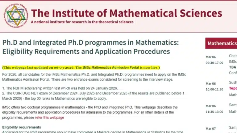 IMSc Ph.D/I.Ph.D Admission 2026 Registration Link Active, Check Eligibility Details 13 IMSc PhD/IPhD Admission 2026