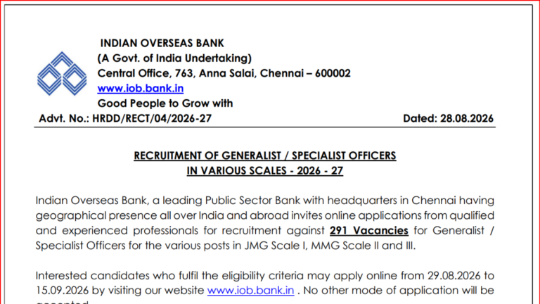 IOB SO Recruitment 2026 Exam Date Out for 291 Generalist & Specialist Officer Posts, Online Exam on 31st October 6 IOB Recruitment 2026 Notification Out, 291 Generalist & Specialist Officer Posts, Salary & Selection Process