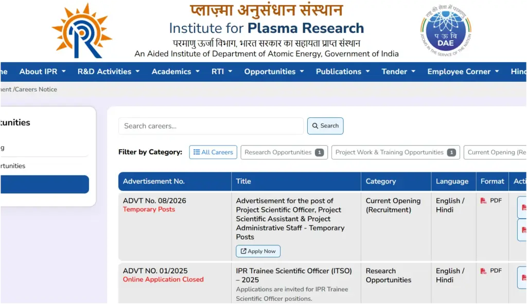 IPR Recruitment 2026 Notification Out for 58 Project Posts, Apply Online Starts 1 IPR Recruitment 2026
