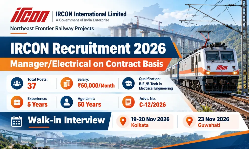 IRCON Recruitment 2026 Notification Out for Manager/Electrical Posts, Walk-in Interview 1 IRCON Recruitment 2026 Notification Out for 37 Manager/Electrical Posts, Walk-in Interview