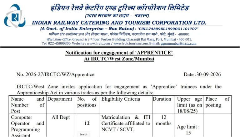 IRCTC West Zone Apprentice Recruitment 2026 Notification Out, Check Vacancy and Eligibility Details 38 IRCTC West Zone Apprentice Recruitment 2026
