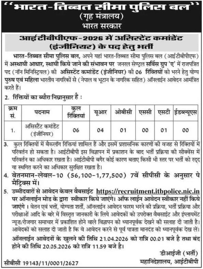 ITBP Assistant Commandant Recruitment 2026 Notification & Apply Online from April 21 2 ITBP Assistant Commandant Notification 2026 Out